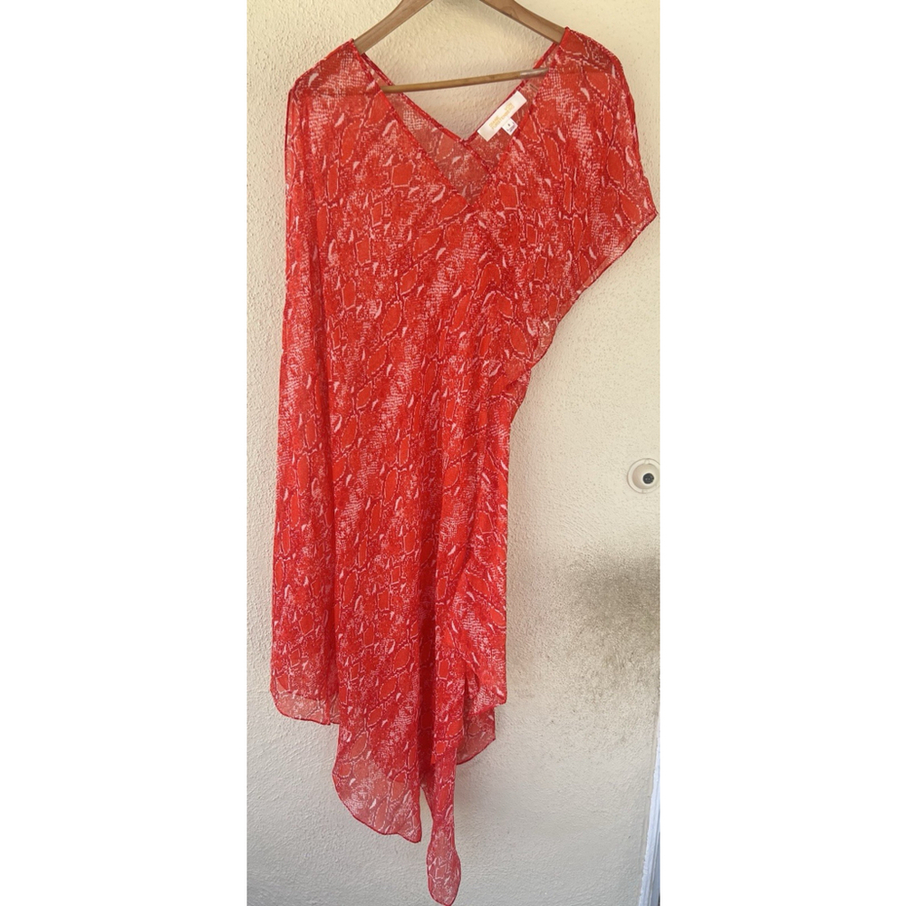 Diane Von Furstenberg Red Sheer Snake Print V Neck Dress Silk Blend Small Resort